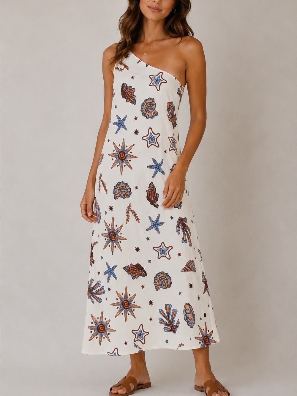 C&C California One-Shoulder Shell-Print Maxi Dress in White, Blue, Brown